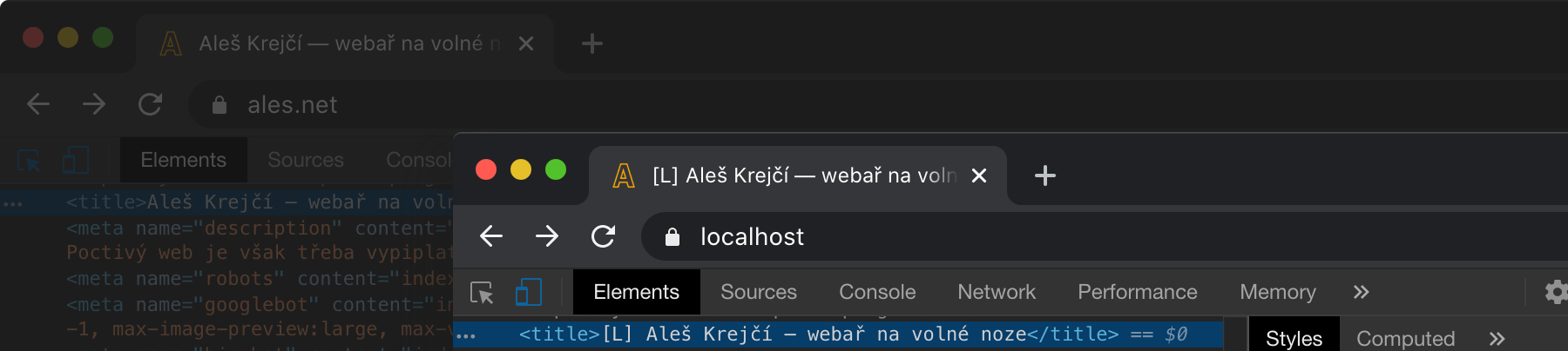 Porovnání titulku stránky s&nbsp;a&nbsp;bez rozšíření Localhost marker.